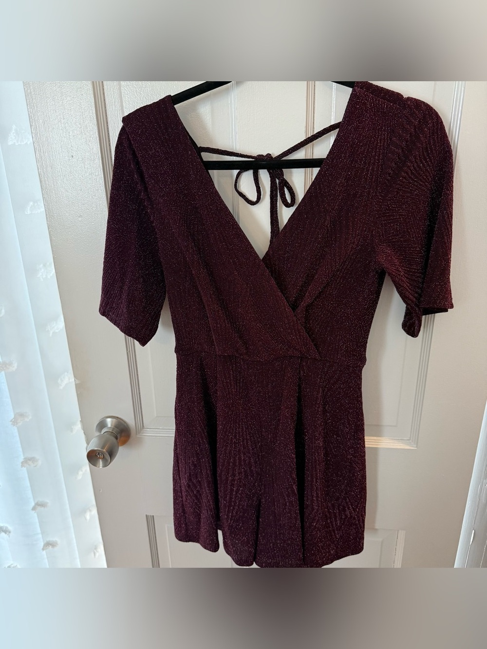 Shimmery Wrap-Front Mini Dress in Deep Burgundy